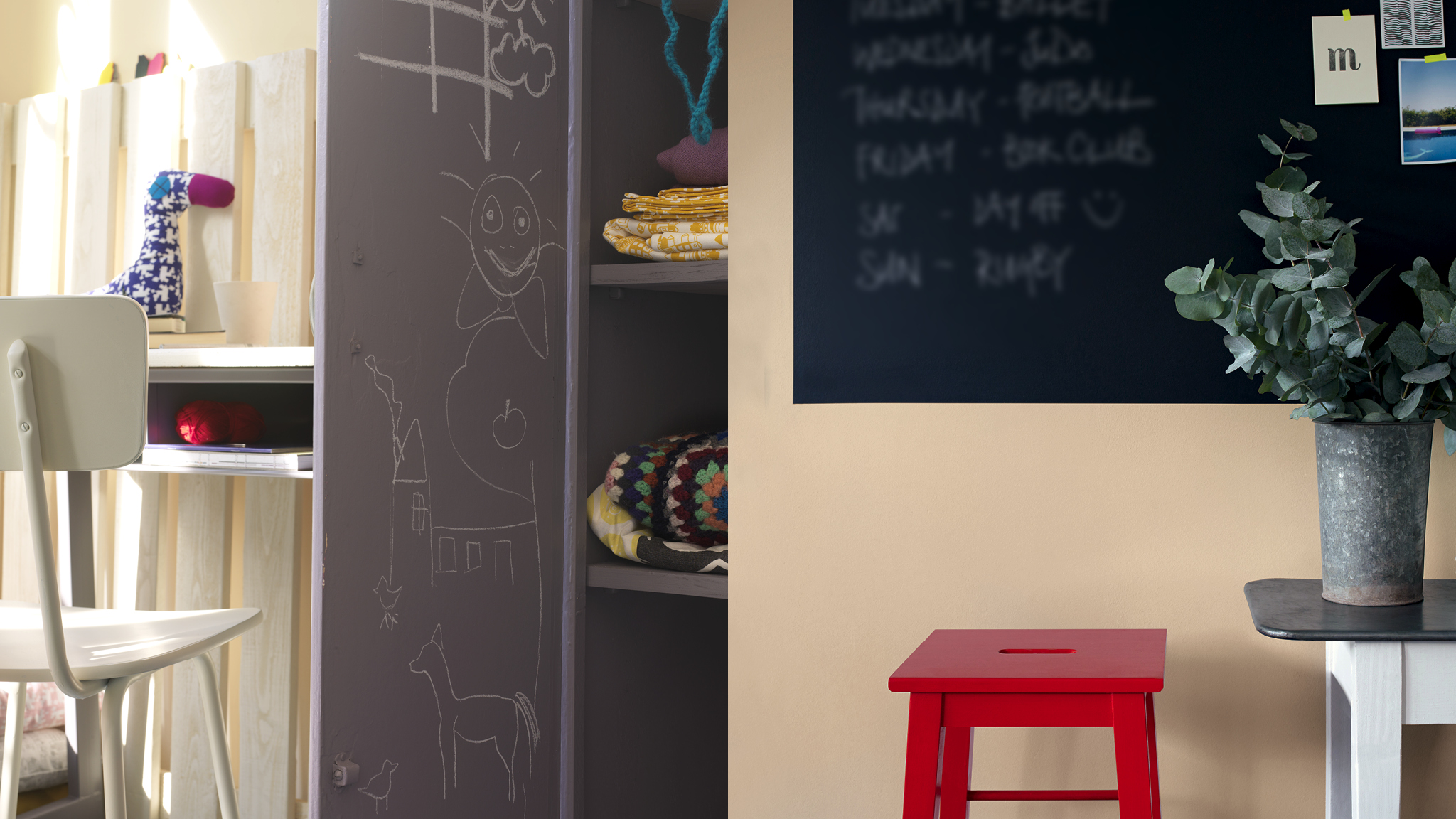 Crea un diseno divertido con pintura de pizarra La pintura de pizarra aporta un aire divertido a un diseño, además de ser práctica. Los más pequeños de la casa pueden usarla para hacer dibujos o practicar el abecedario.