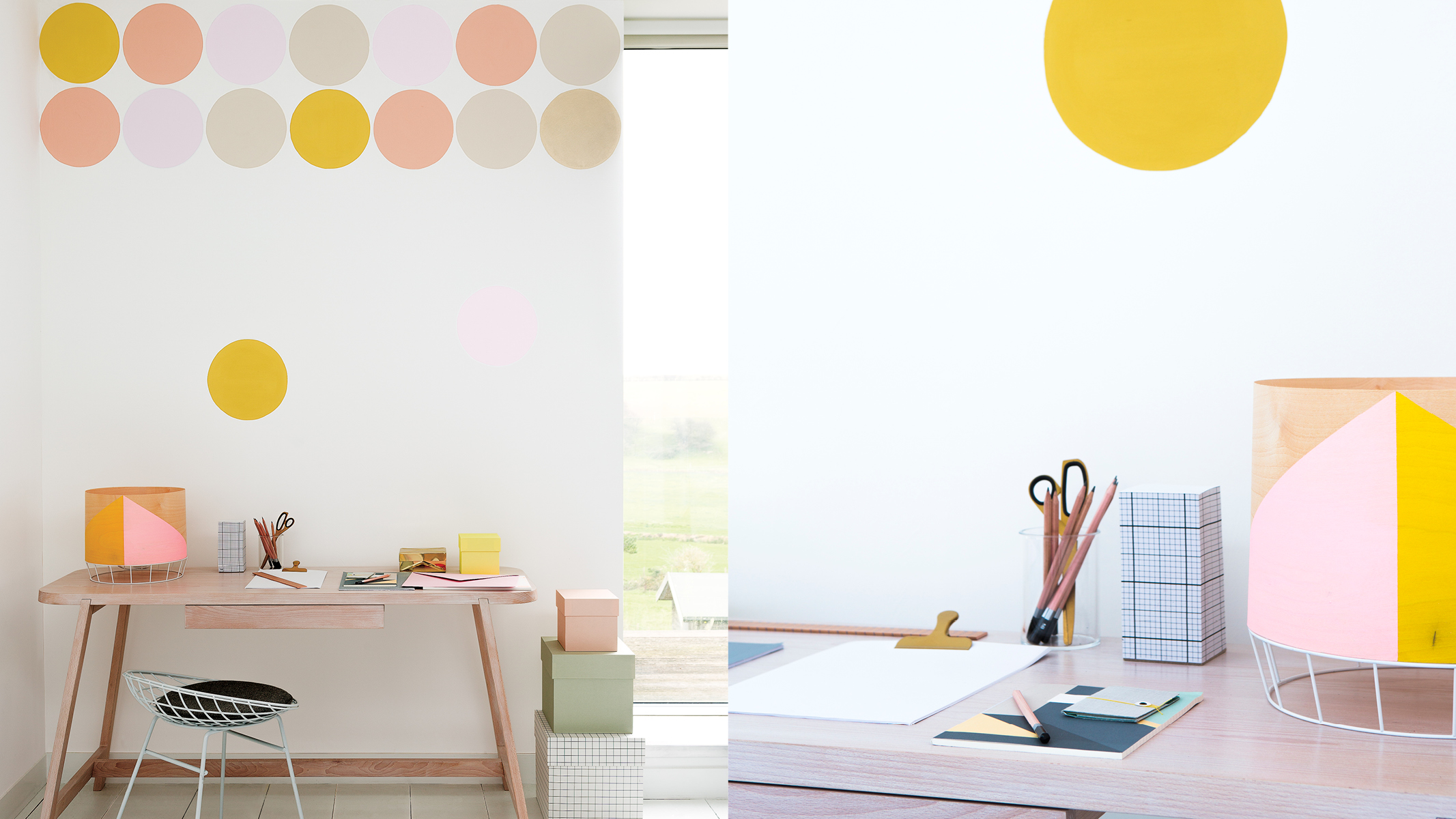 Pared destacada con puntos de colores Los círculos son una idea de decoración fascinante, pero demasiados pueden resultar agobiantes, así que es mejor siempre quedarse corto en lo referente a este diseño.