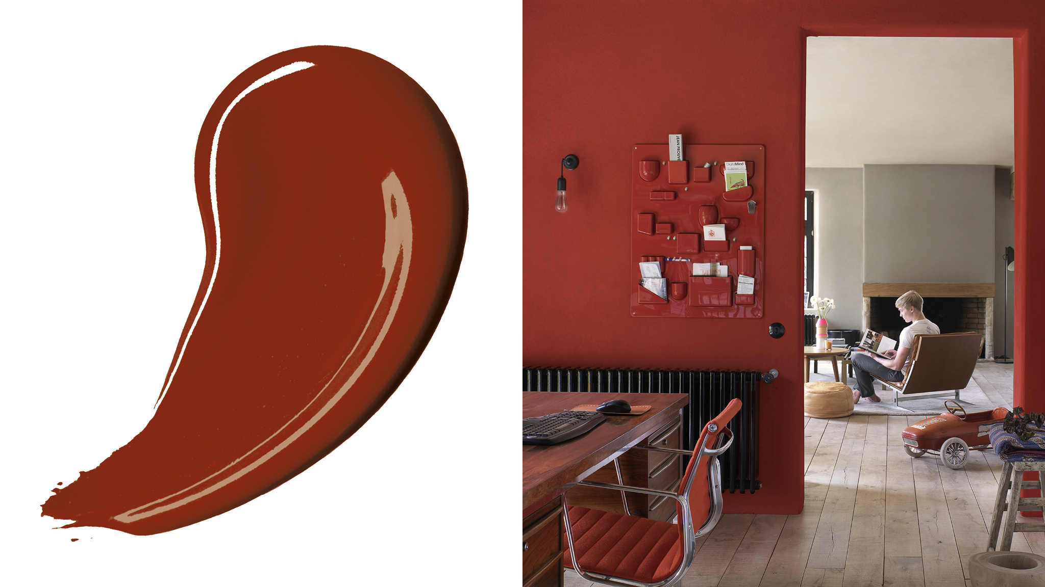 Transmiti calidez con un rojo llamativo La elección de una combinación de colores oscuros es un buen modo de lograr que una habitación parezca más acogedora e íntima al instante. Los tonos rojos intensos o las tonalidades chocolate suelen producir un efecto de acercamiento de las paredes.